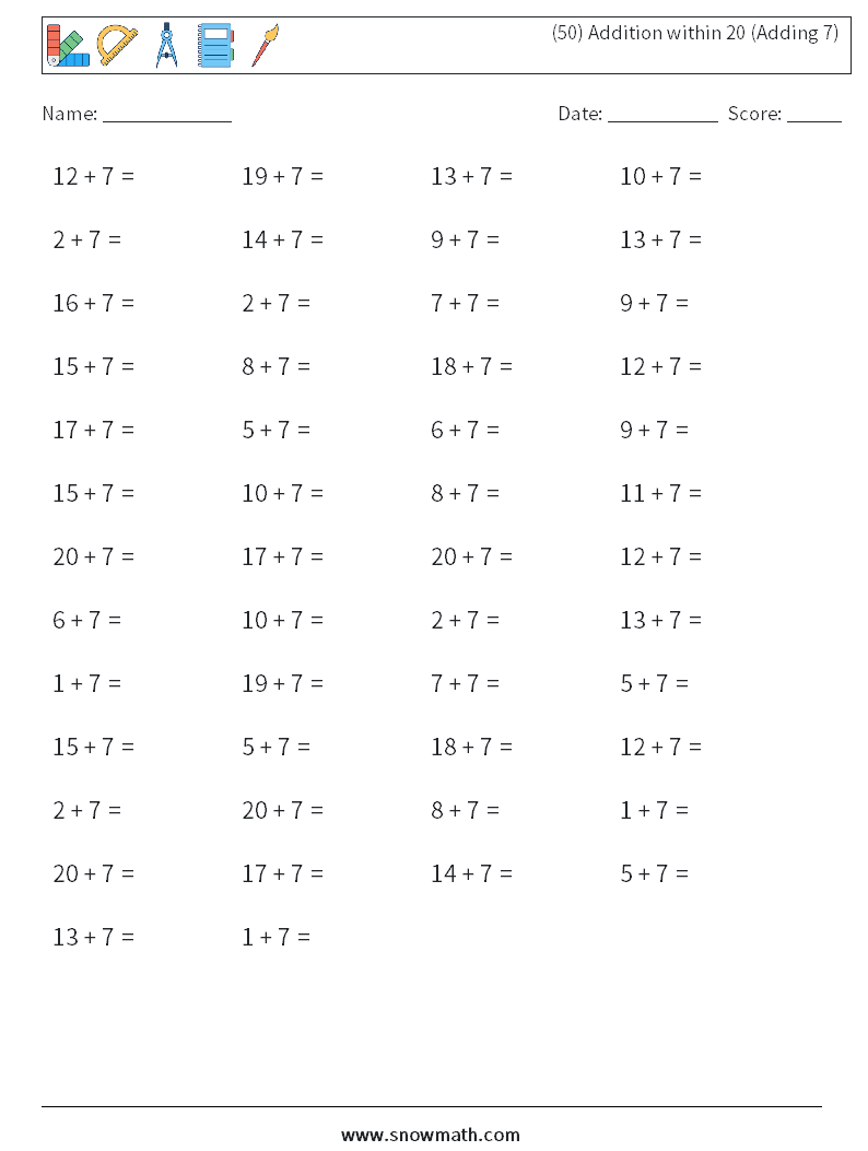 (50) Addition within 20 (Adding 7) Math Worksheets 8