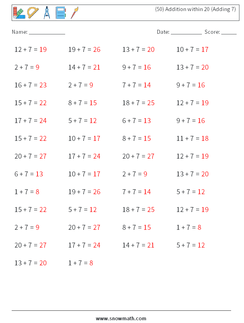 (50) Addition within 20 (Adding 7) Math Worksheets 8 Question, Answer