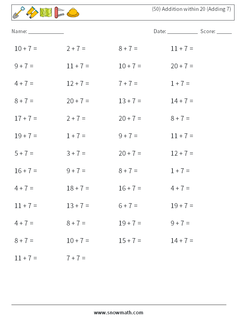(50) Addition within 20 (Adding 7) Maths Worksheets 9