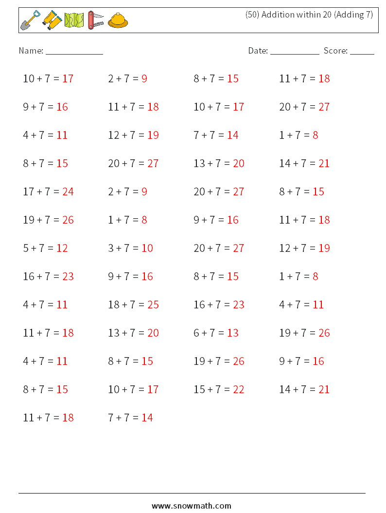 (50) Addition within 20 (Adding 7) Math Worksheets 9 Question, Answer