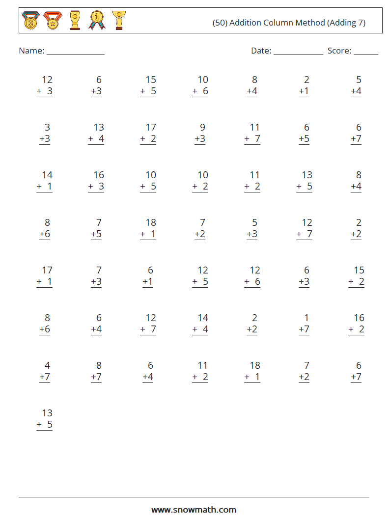 (50) Addition Column Method (Adding 7) Maths Worksheets 10