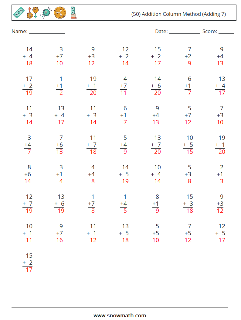 (50) Addition Column Method (Adding 7) Math Worksheets 11 Question, Answer
