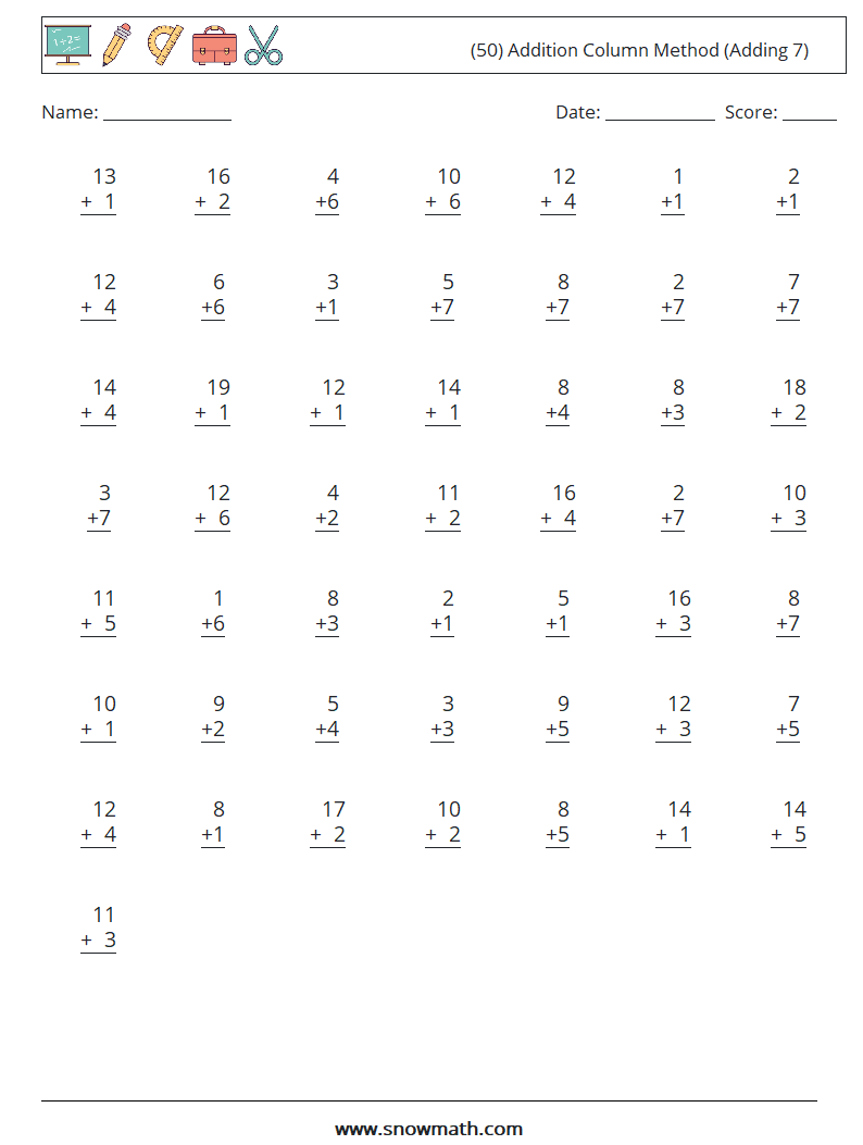 (50) Addition Column Method (Adding 7) Maths Worksheets 12