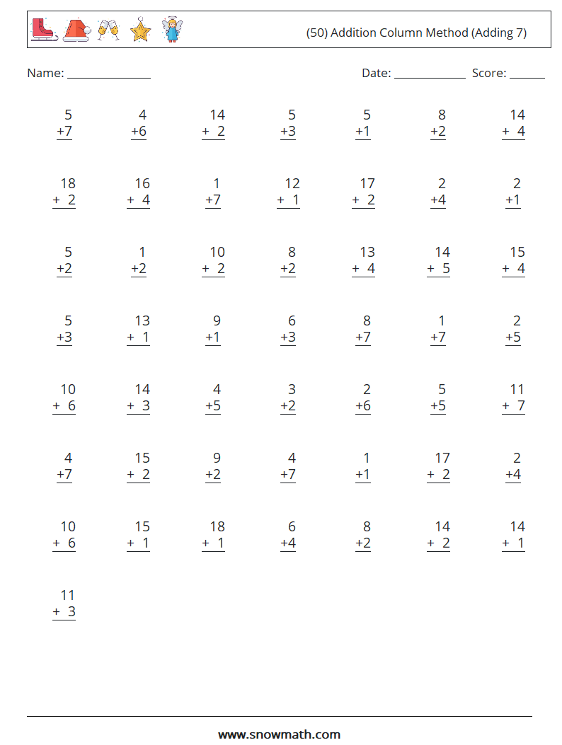 (50) Addition Column Method (Adding 7) Math Worksheets 13
