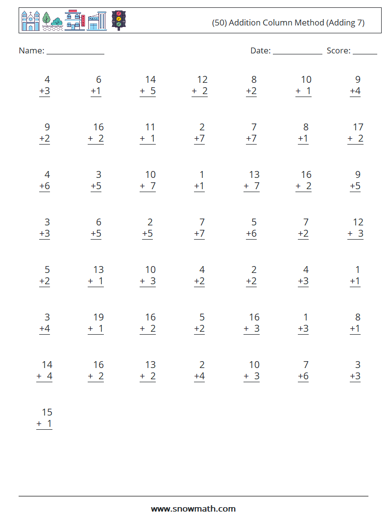 (50) Addition Column Method (Adding 7) Math Worksheets 14