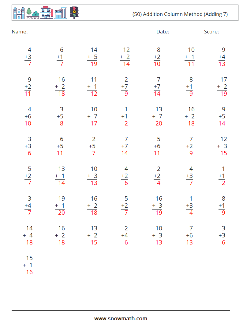 (50) Addition Column Method (Adding 7) Math Worksheets 14 Question, Answer