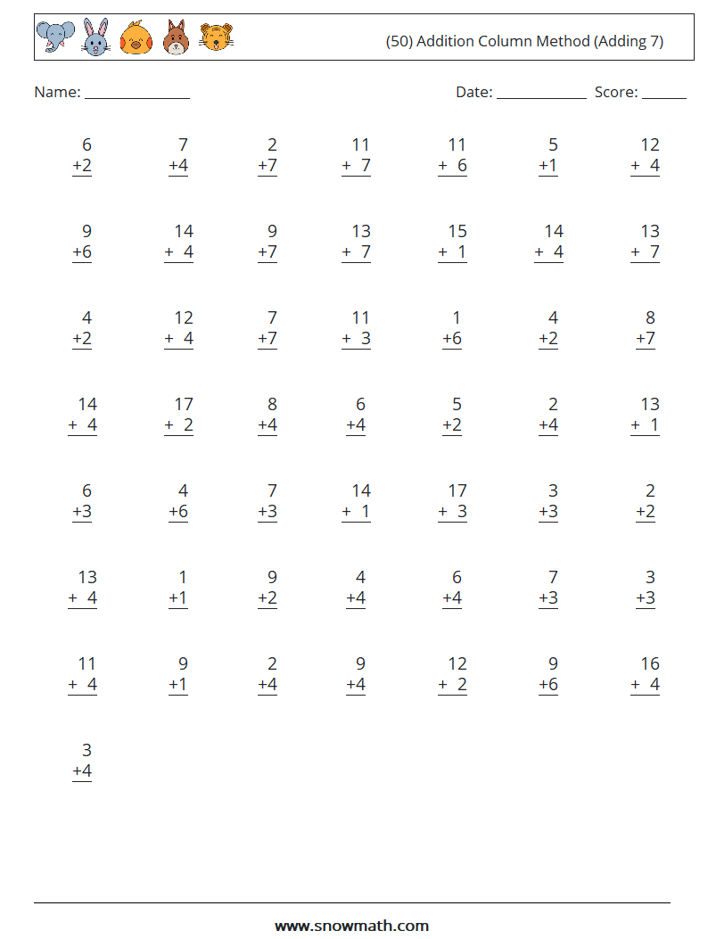 (50) Addition Column Method (Adding 7) Math Worksheets 15