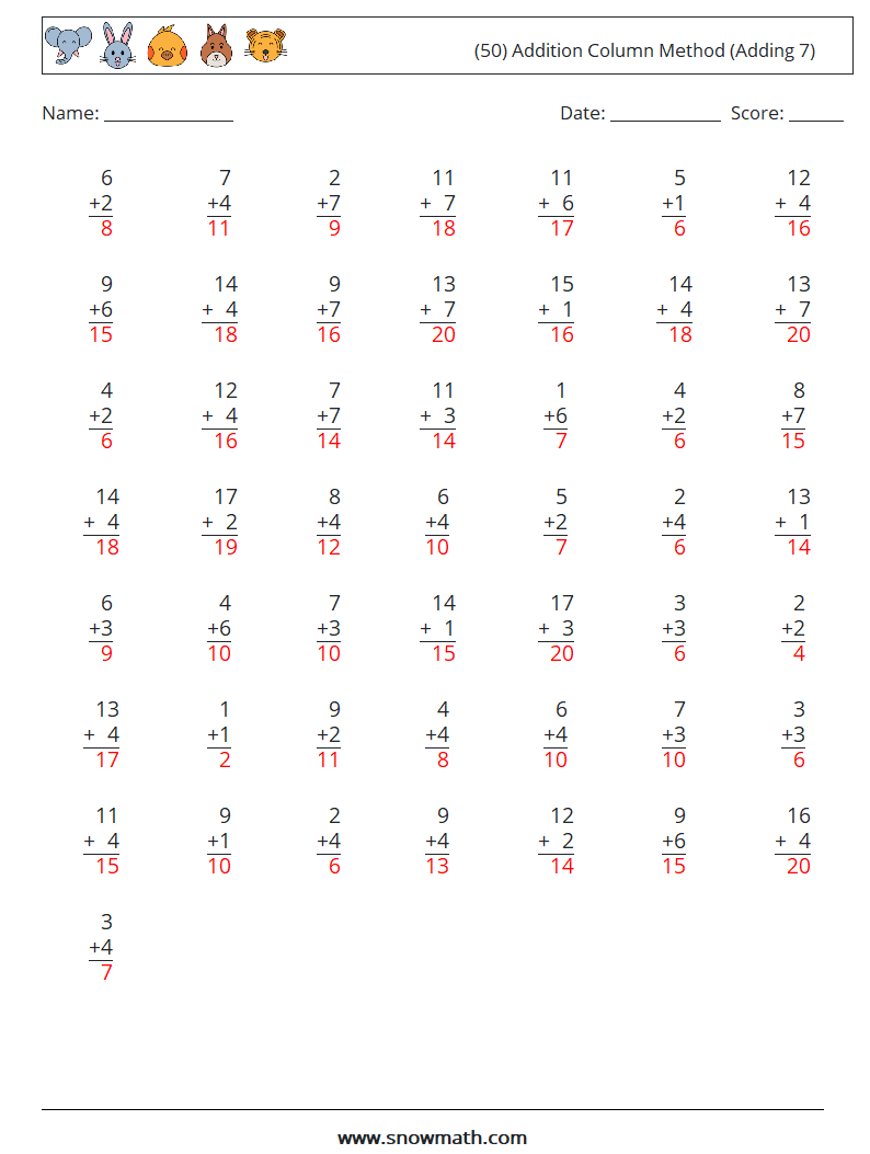 (50) Addition Column Method (Adding 7) Math Worksheets 15 Question, Answer