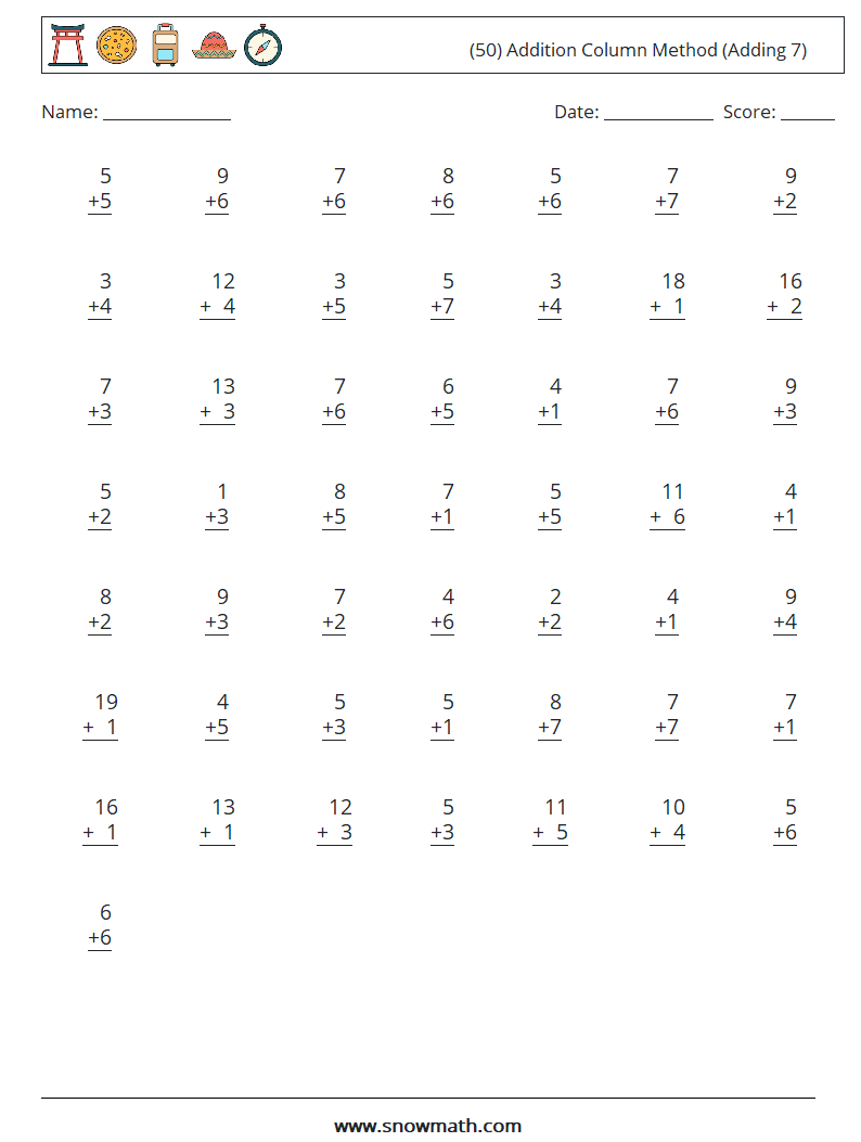 (50) Addition Column Method (Adding 7) Maths Worksheets 16
