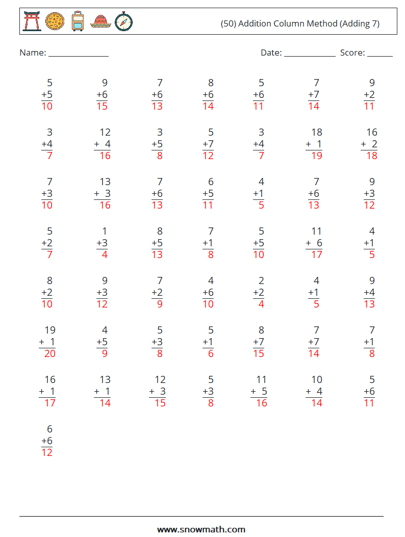 (50) Addition Column Method (Adding 7) Math Worksheets 16 Question, Answer