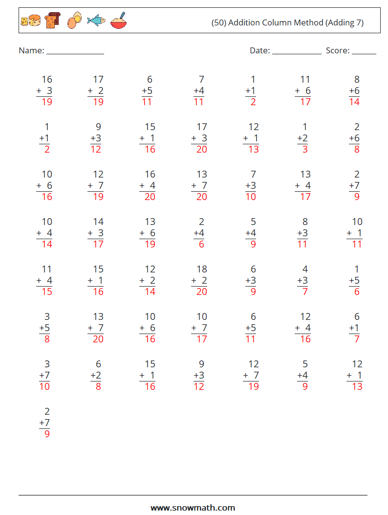 (50) Addition Column Method (Adding 7) Math Worksheets 17 Question, Answer