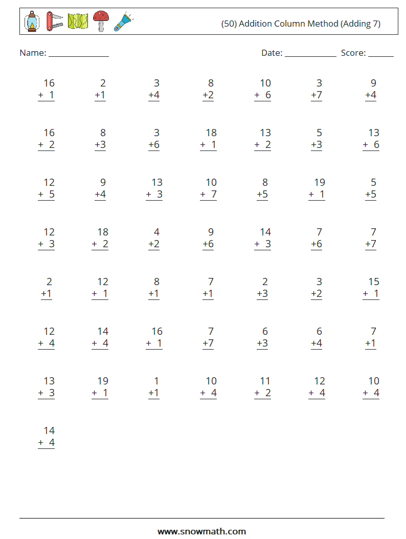 (50) Addition Column Method (Adding 7) Math Worksheets 18