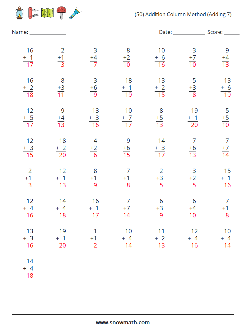 (50) Addition Column Method (Adding 7) Math Worksheets 18 Question, Answer