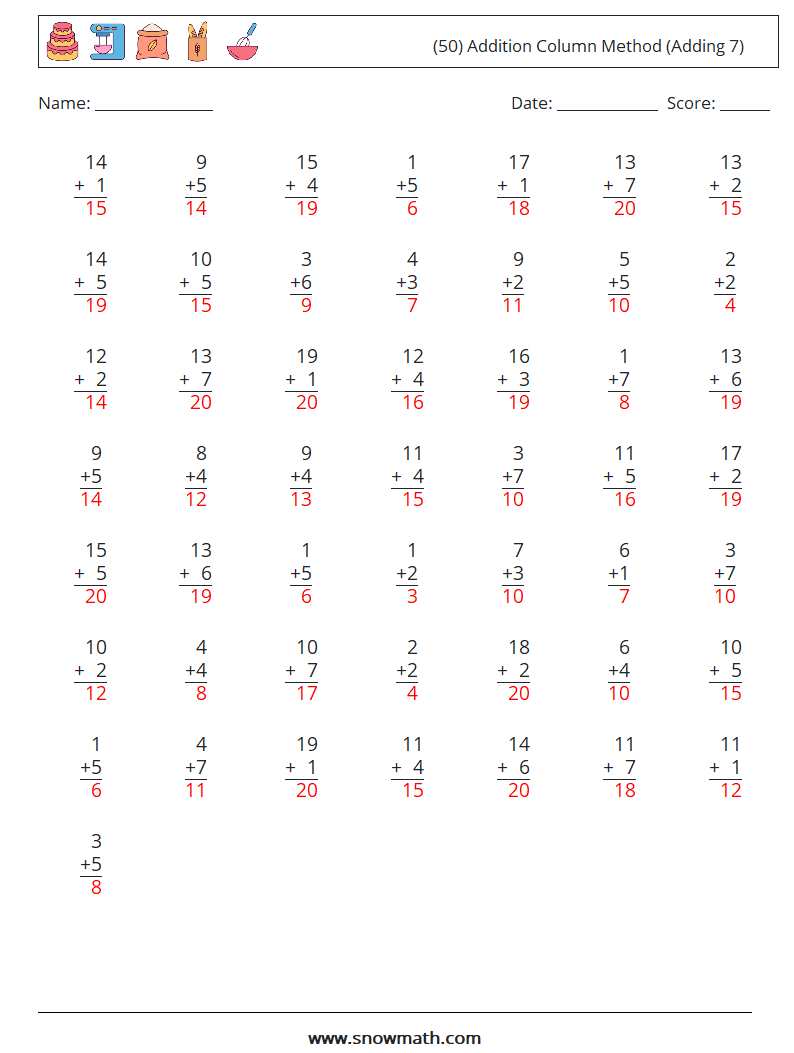 (50) Addition Column Method (Adding 7) Math Worksheets 4 Question, Answer