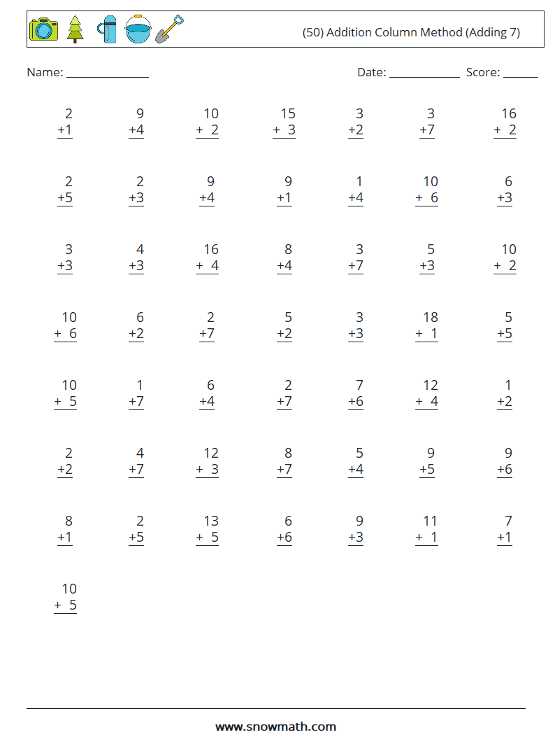 (50) Addition Column Method (Adding 7) Maths Worksheets 5