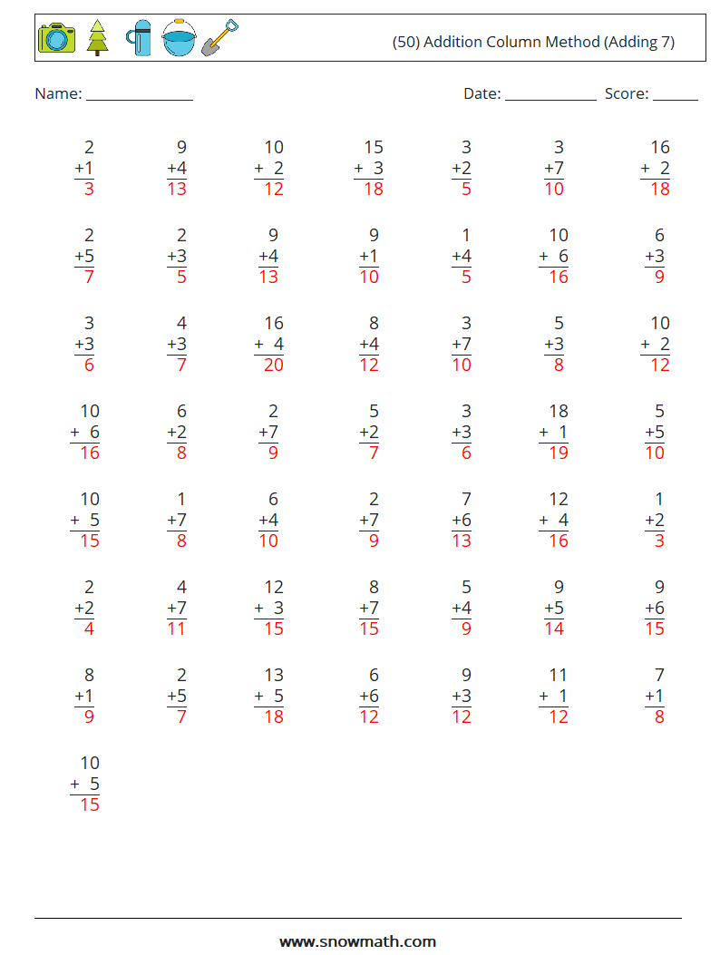 (50) Addition Column Method (Adding 7) Math Worksheets 5 Question, Answer