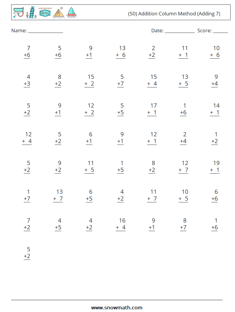 (50) Addition Column Method (Adding 7) Maths Worksheets 6