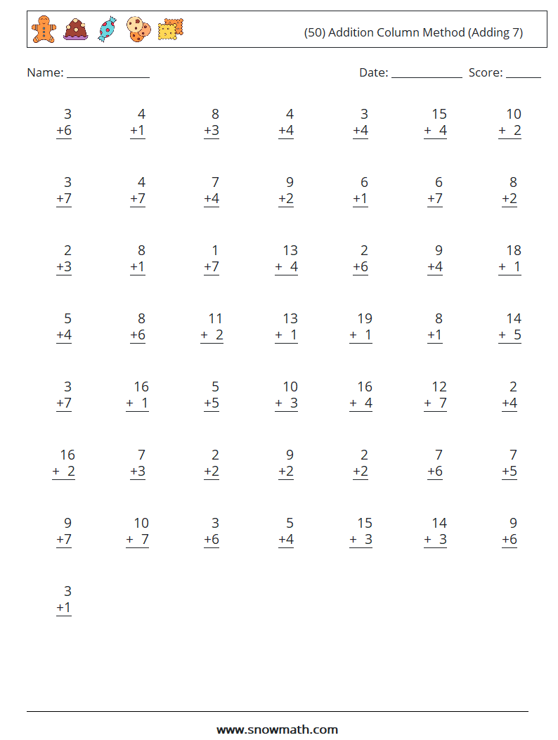 (50) Addition Column Method (Adding 7) Maths Worksheets 7