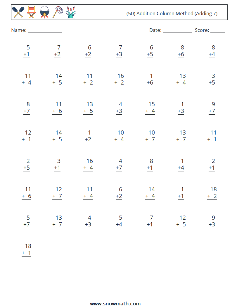(50) Addition Column Method (Adding 7) Math Worksheets 8