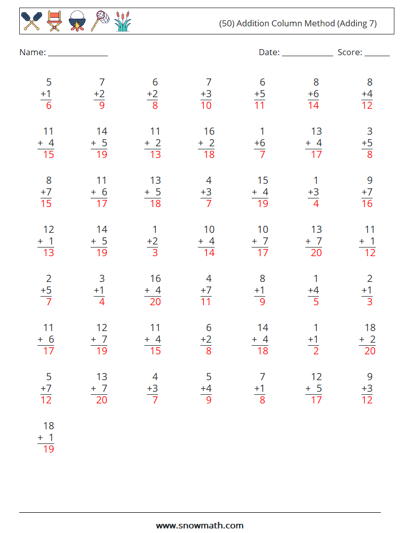 (50) Addition Column Method (Adding 7) Math Worksheets 8 Question, Answer