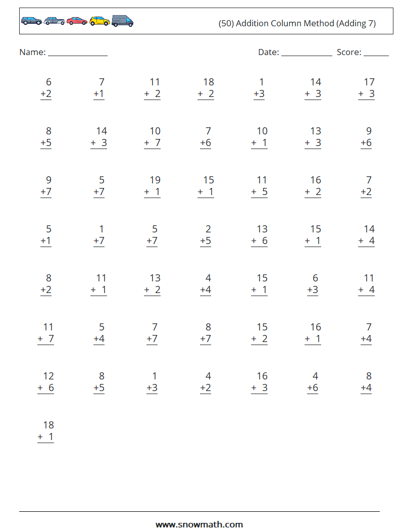 (50) Addition Column Method (Adding 7) Maths Worksheets 9