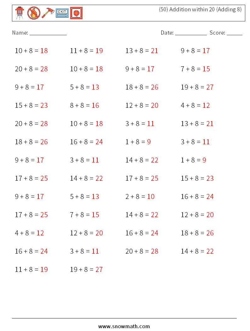 (50) Addition within 20 (Adding 8) Math Worksheets 1 Question, Answer