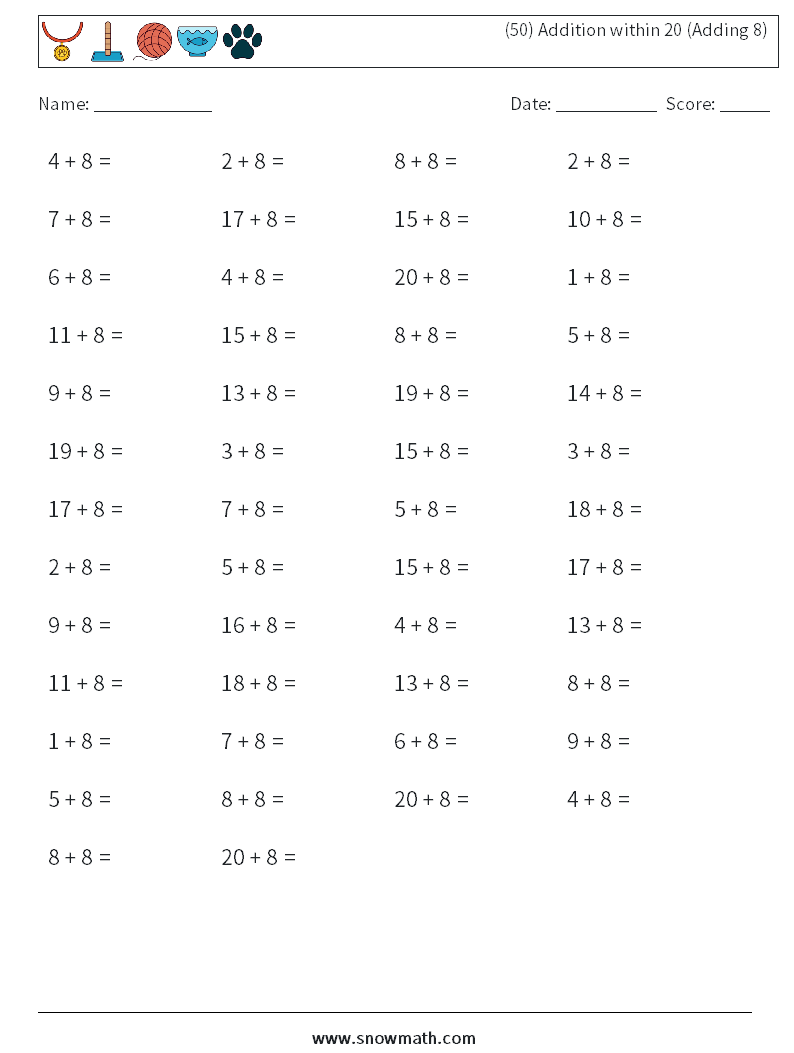 (50) Addition within 20 (Adding 8) Math Worksheets 3