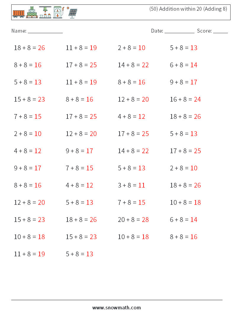 (50) Addition within 20 (Adding 8) Math Worksheets 7 Question, Answer