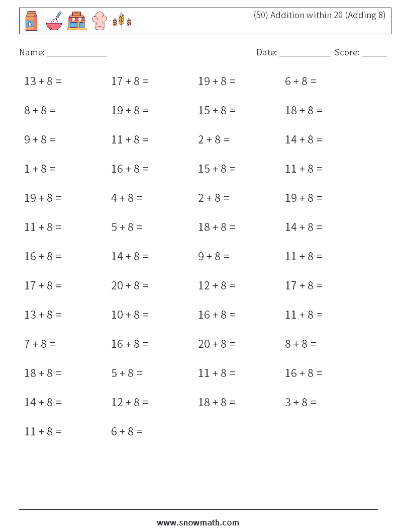 (50) Addition within 20 (Adding 8) Maths Worksheets 8