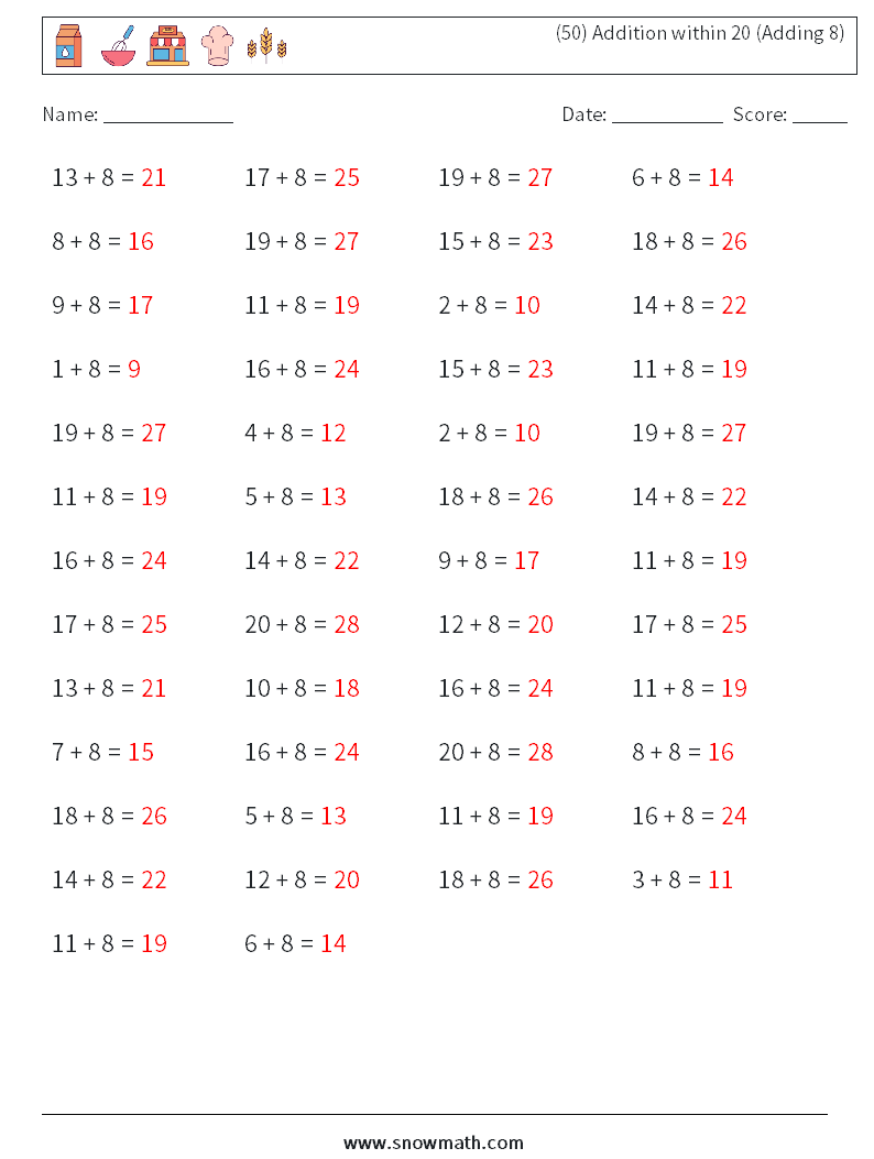 (50) Addition within 20 (Adding 8) Math Worksheets 8 Question, Answer
