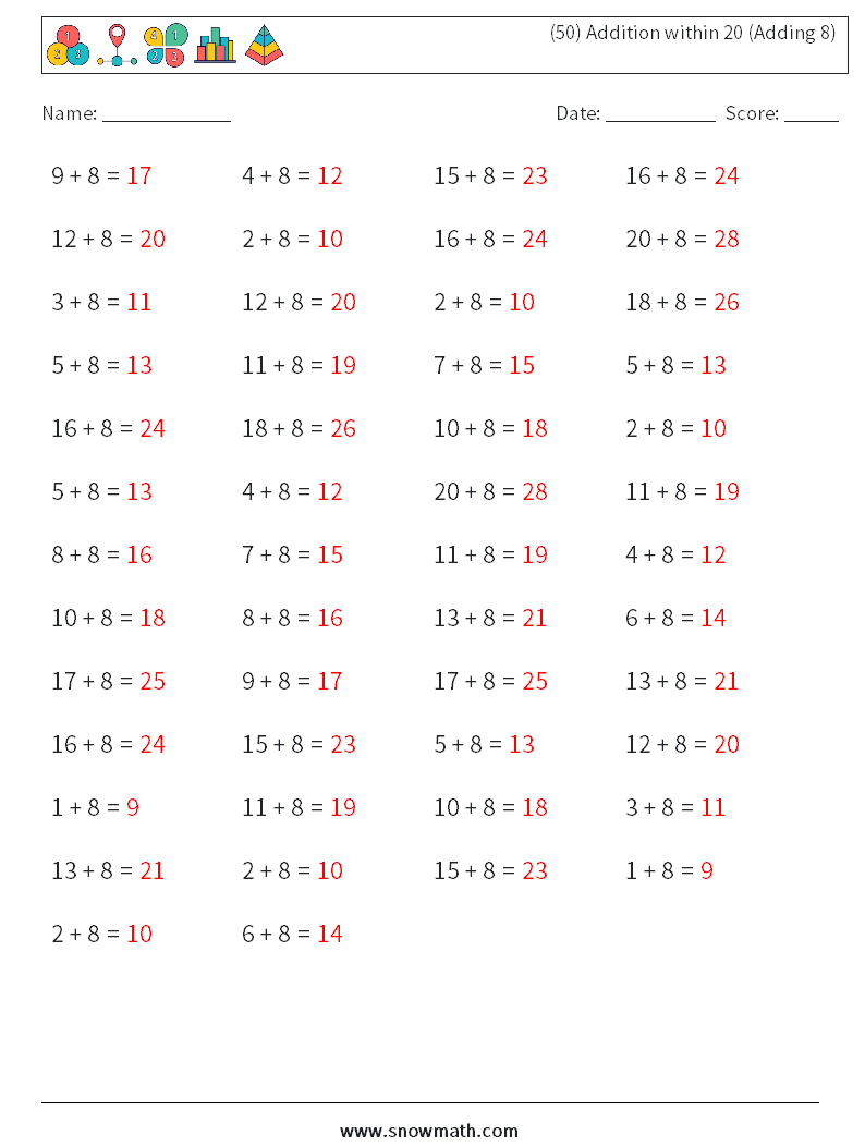 (50) Addition within 20 (Adding 8) Math Worksheets 9 Question, Answer