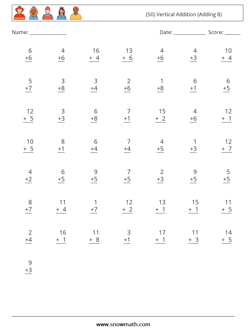 (50) Vertical  Addition (Adding 8)