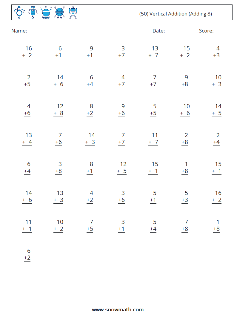 (50) Vertical  Addition (Adding 8) Math Worksheets 10