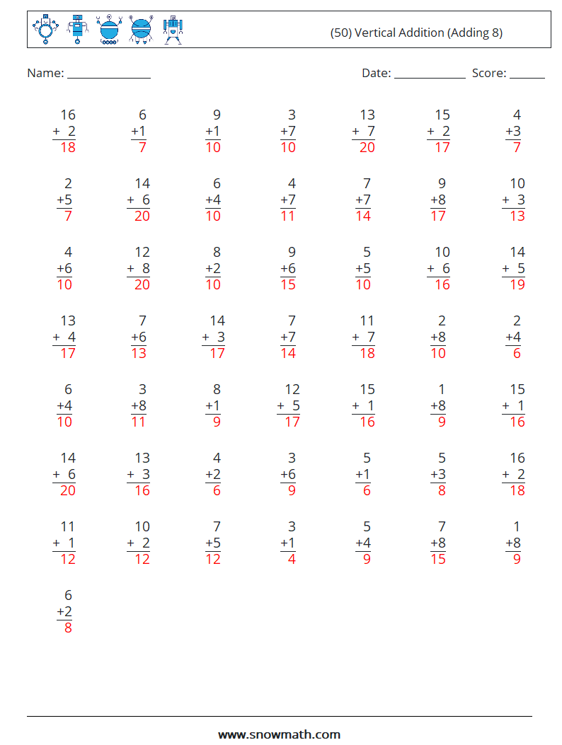 (50) Vertical  Addition (Adding 8) Math Worksheets 10 Question, Answer