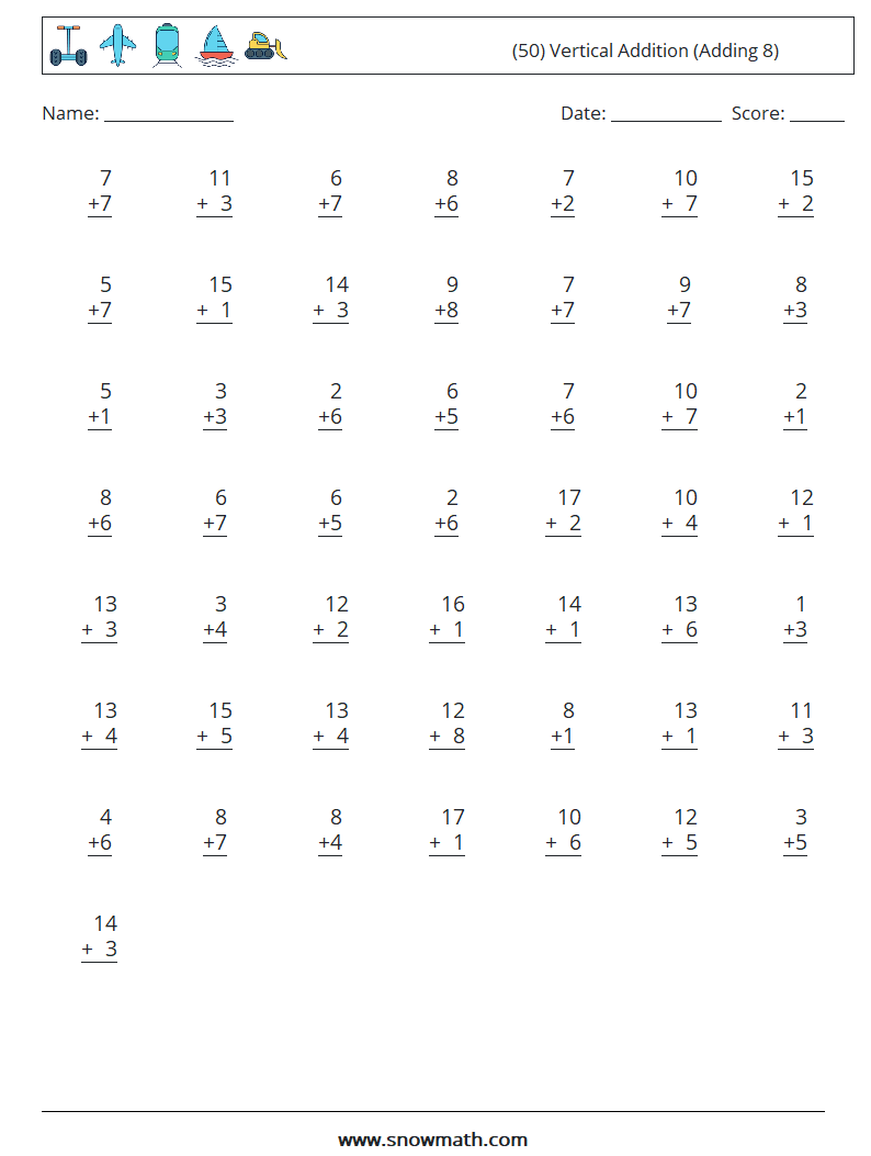 (50) Vertical  Addition (Adding 8) Math Worksheets 13