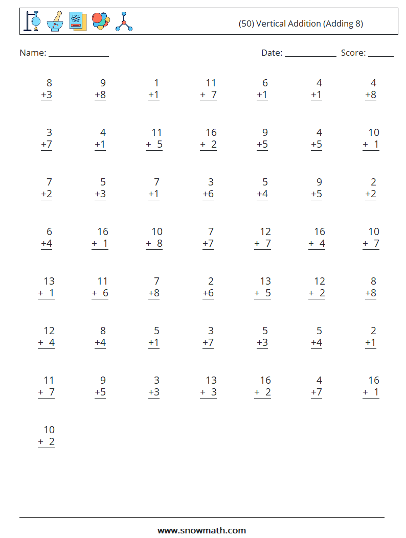 (50) Vertical  Addition (Adding 8) Math Worksheets 14
