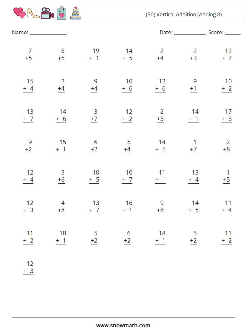 (50) Vertical  Addition (Adding 8) Math Worksheets 15