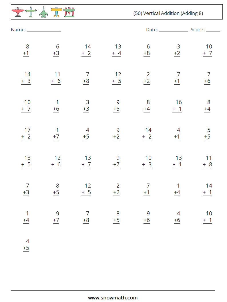(50) Vertical  Addition (Adding 8) Math Worksheets 16