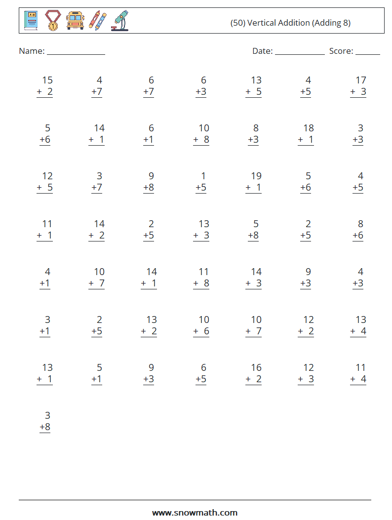 (50) Vertical  Addition (Adding 8) Maths Worksheets 17
