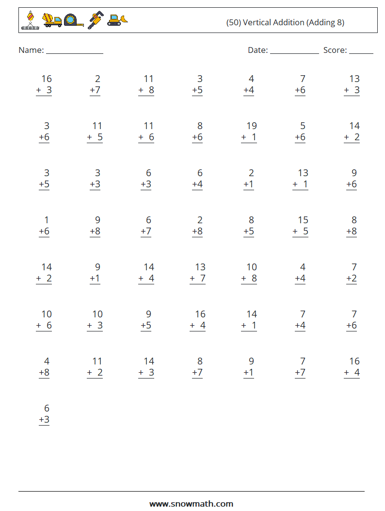 (50) Vertical  Addition (Adding 8) Maths Worksheets 18