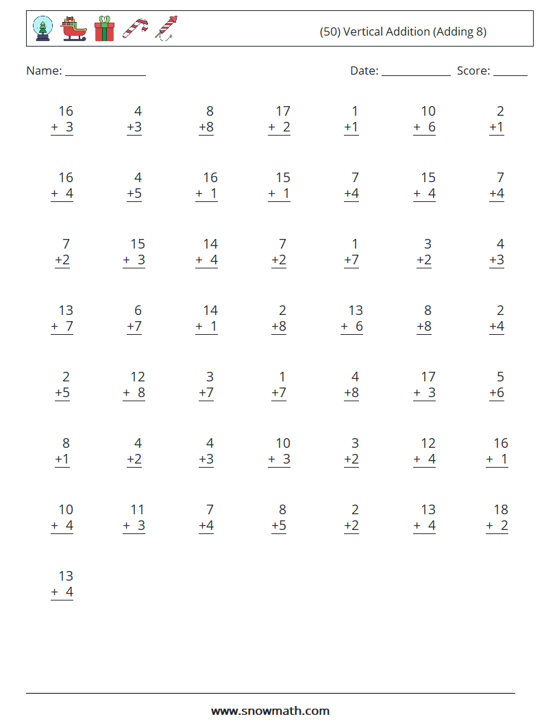 (50) Vertical  Addition (Adding 8) Math Worksheets 2