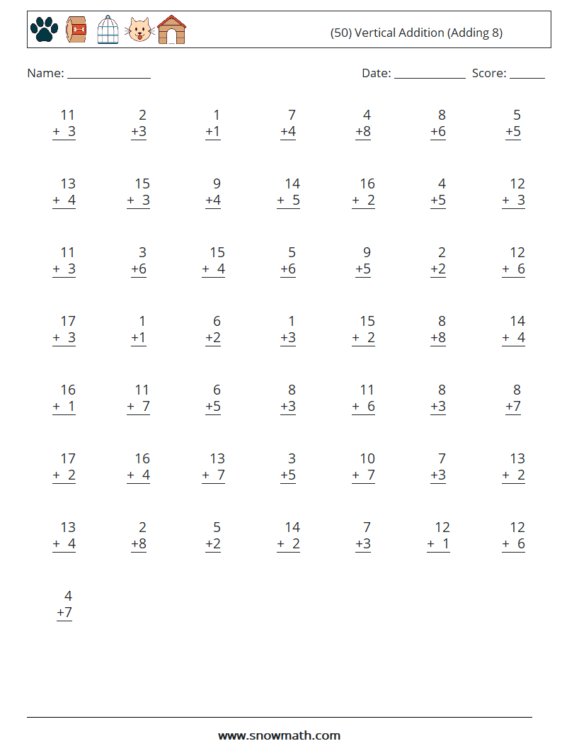 (50) Vertical  Addition (Adding 8) Maths Worksheets 4