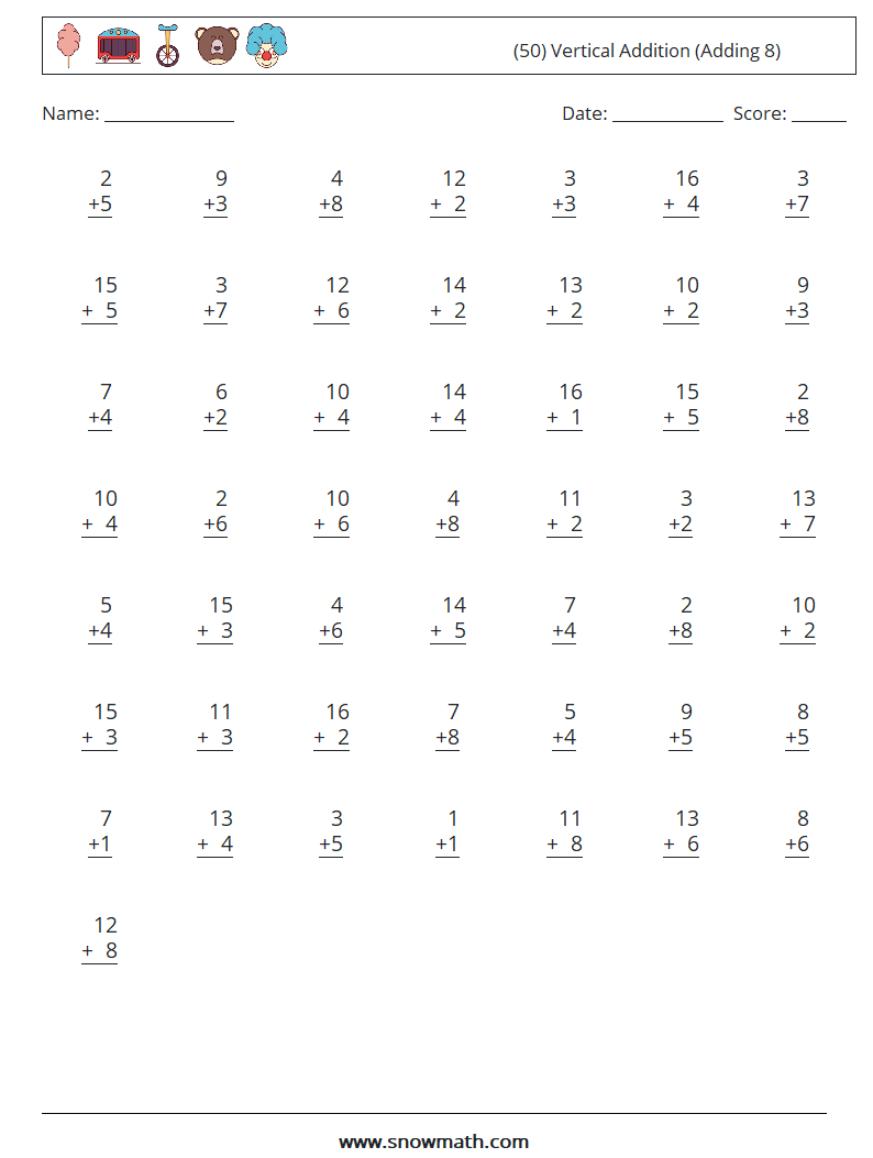 (50) Vertical  Addition (Adding 8) Maths Worksheets 5