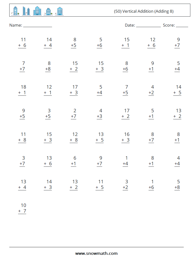 (50) Vertical  Addition (Adding 8) Math Worksheets 6
