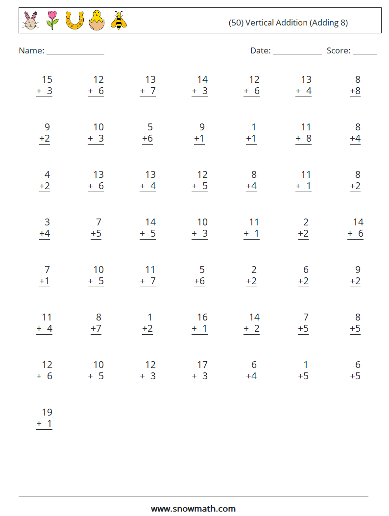 (50) Vertical  Addition (Adding 8) Math Worksheets 8