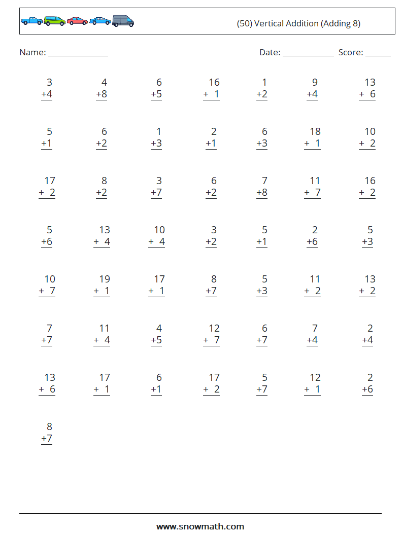 (50) Vertical  Addition (Adding 8) Maths Worksheets 9