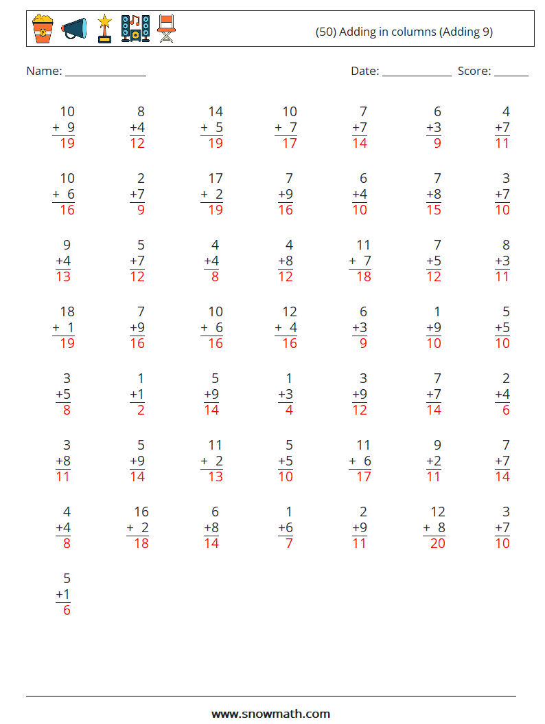 (50) Adding in columns (Adding 9) Math Worksheets 10 Question, Answer