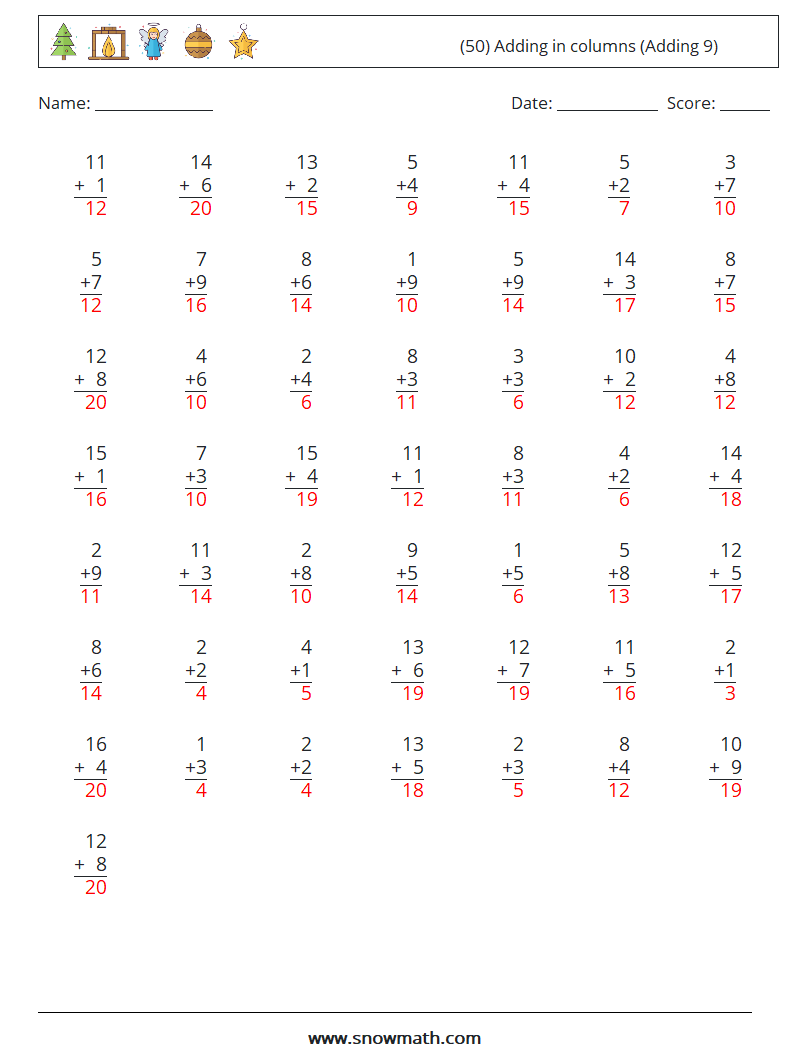 (50) Adding in columns (Adding 9) Math Worksheets 14 Question, Answer