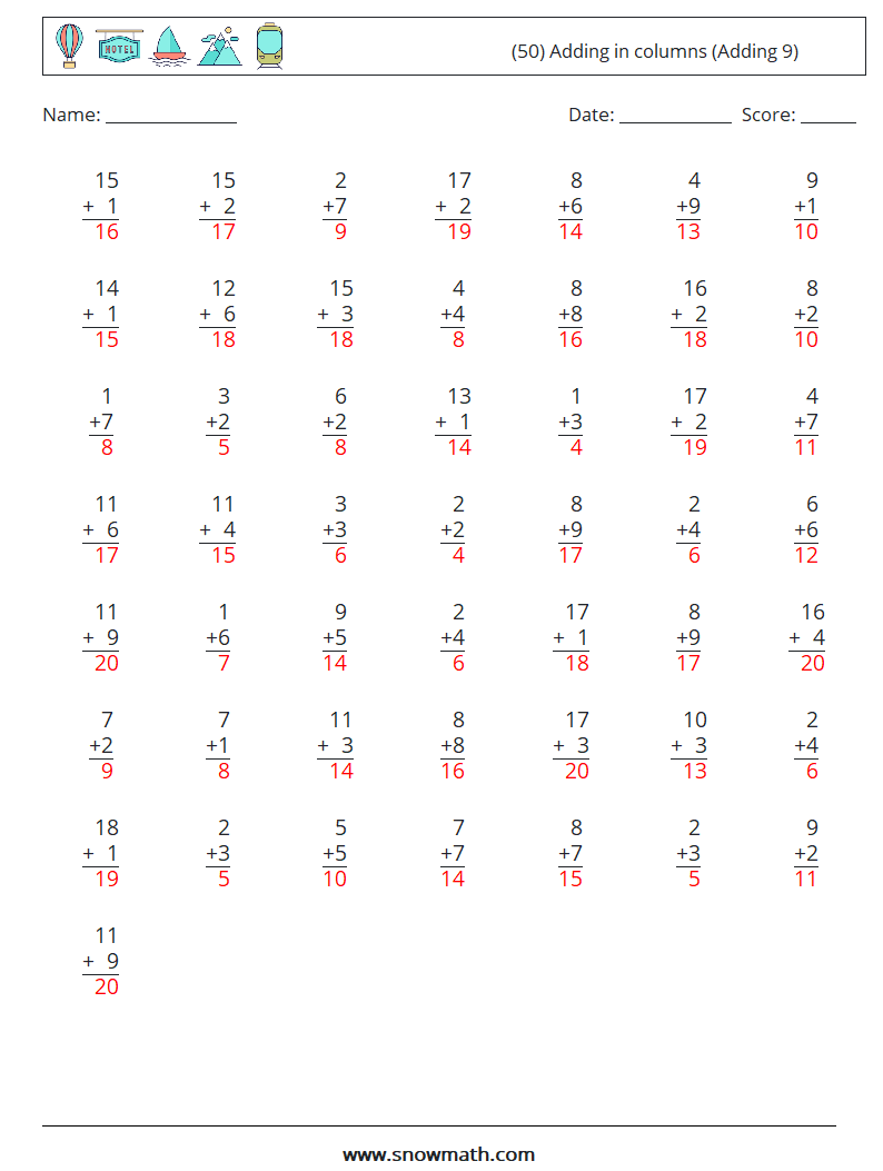 (50) Adding in columns (Adding 9) Math Worksheets 15 Question, Answer