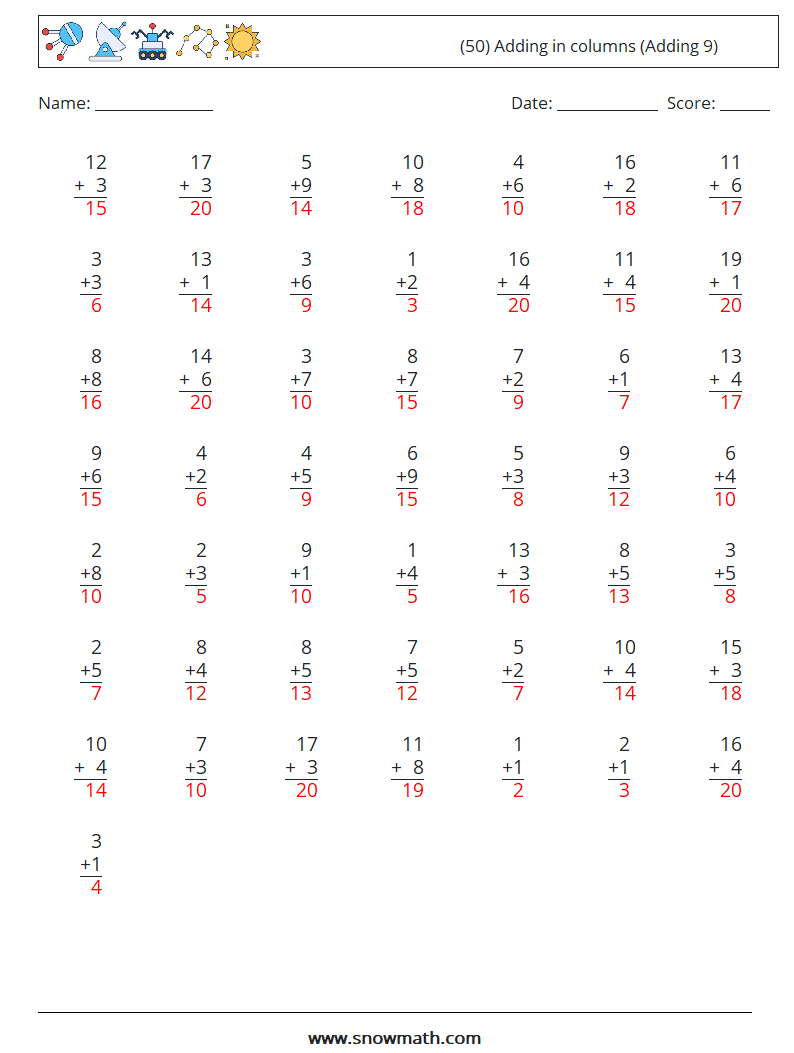 (50) Adding in columns (Adding 9) Math Worksheets 16 Question, Answer